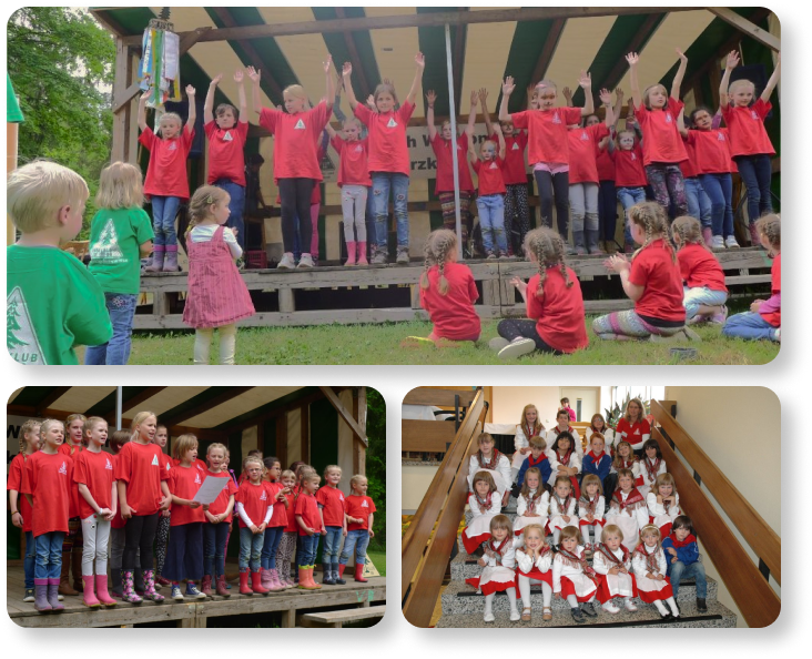 Das Bild ist eine Collage aus 3 verschiedenen Bildern. Auf zweien ist eine Gruppe von Kindern zwischen 5 und 11 auf einer Bühne zu sehen. Auf einem tanzen sie, auf dem anderen singen sie. Das dritte Bild zeigt eine Gruppe junger Kinder in Trachten auf einer Treppe sitzend, im Hintergrund sitzt eine erwachsene Person.